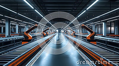 Innovative Automated Logistics Room Featuring Robotic Sorting Technology for Efficient Warehouse Operations and Streamlined Stock Photo