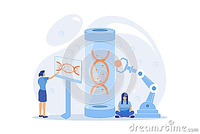 Innovative biotechnology. Medical, biological research. DNA recombination. Genetic engineering, genetic modification, genetic Vector Illustration