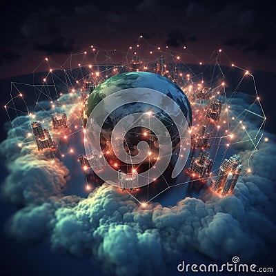 Innovative communication tech, Concept of a globally connected world, Cloud computing network, connecting through Stock Photo