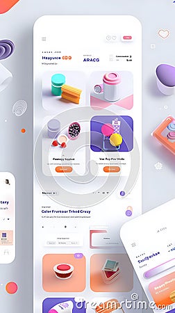 Innovative 3D Product Design Showcase, Modern UI Design with Colorful Product Visuals and Interactive Elements, Sh Stock Photo