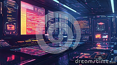 Innovative Incubator Workspace with Luminous Matrices Dynamic Algorithms and Levitating Interfaces Stock Photo