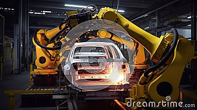 Innovative Manufacturing, Using Robotics to Construct Car Frames and Bodies for the Next Generation of Vehicles. Generative AI Stock Photo
