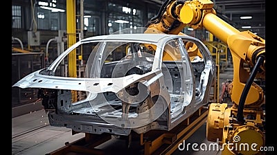 Innovative Manufacturing, Using Robotics to Construct Car Frames and Bodies for the Next Generation of Vehicles. Generative AI Stock Photo