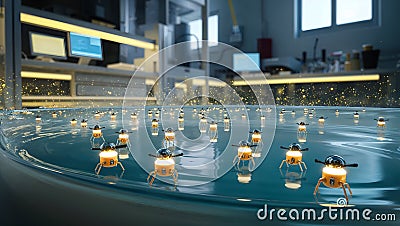 Innovative microbots floating in a lab environment simulating water activity and advanced robotics technology Stock Photo