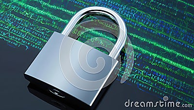 Innovative neon-lit digital padlock on digital code reflecting dynamic encrypted patterns for security Stock Photo