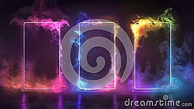 An innovative neon luminous gradient frame with smoke clouds. A realistic modern set of a glowing game portal door with Stock Photo