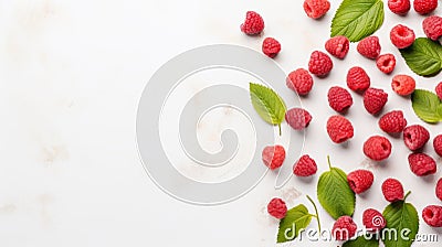 Innovative Page Design: Raspberry Scattered With Leaves On Marble Stock Photo