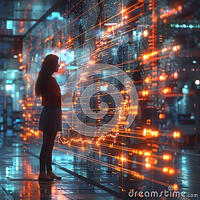 Innovative Project Management on Virtual Workflow Board Blurred figures interact with a digital workflow Stock Photo