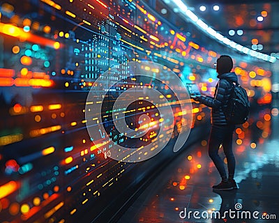 Innovative Project Management on Virtual Workflow Board Blurred figures interact with a digital workflow Stock Photo