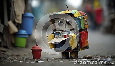 Innovative Robot Made from Recycled Materials in Vibrant Google Colors. Perfect for Technology Blogs and Websites. Stock Photo