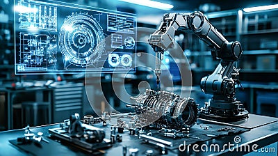 Innovative robotic arm assembling precision machine parts in futuristic high-tech laboratory. concept of automation Stock Photo
