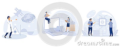 Innovative science concept Laser and graphene technologies, quantum computing, computer science, carbon dioxide nanomaterial, set Vector Illustration