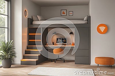 Innovative Small Space Design: Maximizing Style and Functionality with Recognizable Symbols and Contemporary Elements Stock Photo