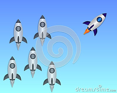 Innovative startup banner business concept. Think different concept with flying rocket in the space. Choosing another path Vector Illustration