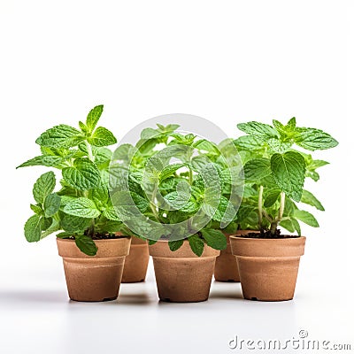 Innovative Techniques: Row Of Mint In Clay Pots On White Background Stock Photo
