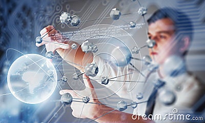 Innovative technologies in science and medicine. Technology to connect. Holding glowing planet earth Stock Photo