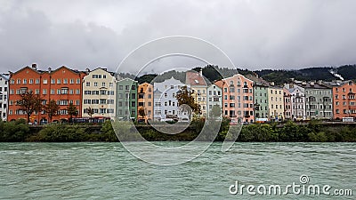 Innsbruck, Tirol/Austria - September 19 2017: Colored houses on the river bank of the Inn Editorial Stock Photo