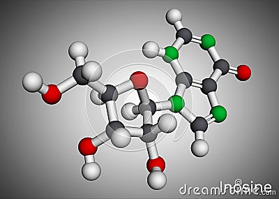 Inosine molecule. It is purine nucleoside, commonly occurs in tRNA. Molecular model. 3D rendering Cartoon Illustration