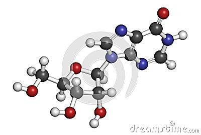 Inosine nucleoside molecule. Found in tRNA. Used as fitness nutritional supplement. Atoms are represented as spheres with Stock Photo