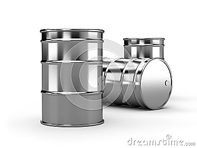 Inox silver alu oil barrels isolated on white background. 3d render Stock Photo