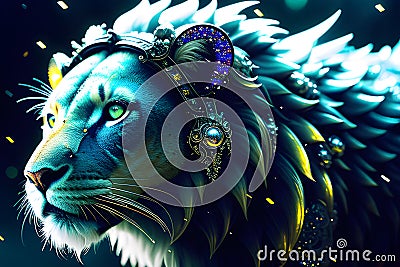 inox lion, quick silver liquid glossy, reflective, exploding through ice, ornate details, fractal patterns, scattered shards and Stock Photo