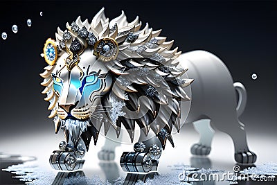 inox lion, quick silver liquid glossy, reflective, exploding through ice, ornate details, fractal patterns, scattered shards and Stock Photo