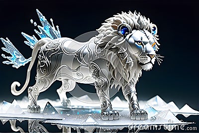 inox lion, quick silver liquid glossy, reflective, exploding through ice, ornate details, fractal patterns, scattered shards and Stock Photo