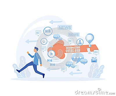 Input overloading. Information overload concept. Young man running away from information stream. Vector Illustration