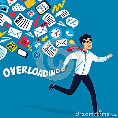 Input overloading. Information overload concept. Young man running away from information stream pursuing him. Concept of Vector Illustration