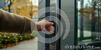 inputing passwords on an electronic door lock Stock Photo