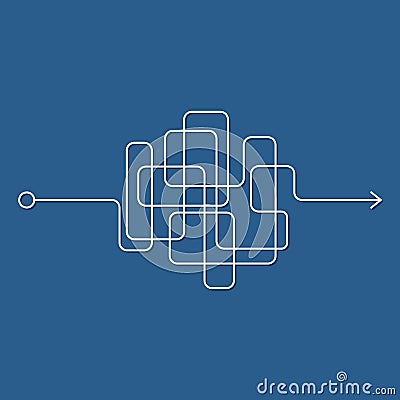 Insane messy line, complicated clew way on blue background. Tangled scribble path, chaotic difficult process way. Curved Vector Illustration