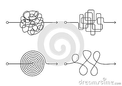 Insane messy line set, complicated clew way on white background. Tangled scribble path, chaotic difficult process way Vector Illustration