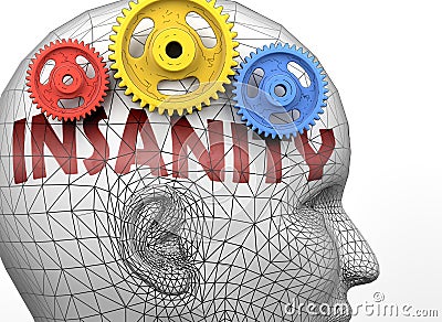 Insanity and human mind - pictured as word Insanity inside a head to symbolize relation between Insanity and the human psyche, 3d Cartoon Illustration