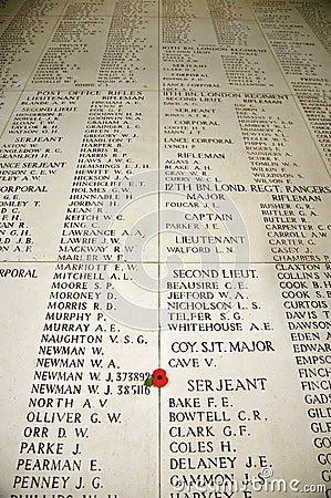 Inscribed names; the Menin Gate Stock Photo