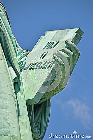 Inscribed Tablet on Lady Liberty left hand Stock Photo