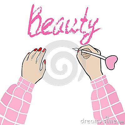 The inscription beauty and the girl in pink. Cartoon Illustration