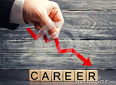 The inscription `career` and the red arrow down. career down. a demotion, a career crisis. lowering the standard of living. cutbac Stock Photo