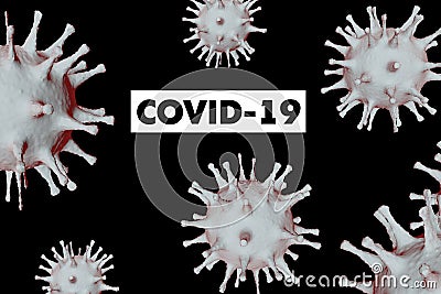 The inscription CAVID-19 on a black background with coronavirus bacteria. 3D-model Stock Photo
