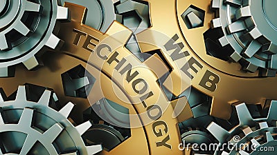 The inscription on the gold gears `web technology `. Business concept. Gear mechanism. 3d render Cartoon Illustration