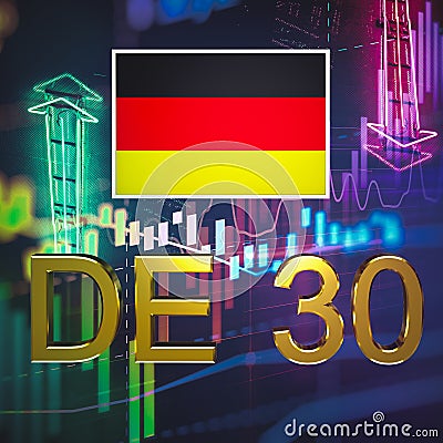 Inscription in gold letters `DE 30 Index` and the flag of Germany on the background of the price chart and arrows. 3D rendering. Stock Photo