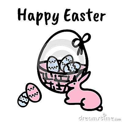 Inscription Happy easter. Easter eggs in a basket, rabbit. Doodle elements Vector Illustration