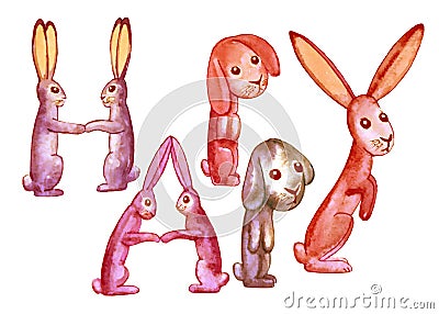 Inscription HAPPY red-orange rabbits decorate Cartoon Illustration