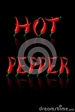 The inscription HOT PEPPER in the form of letters made of red Mexican peppers with mirror reflection. Vector Vector Illustration