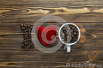 The inscription `I love coffee` made of coffee beans and a red heart Stock Photo