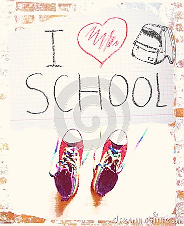 The inscription `I love school`, heart, sneakers and backpack on a piece of paper. The creative school concept on brick wall backg Stock Photo