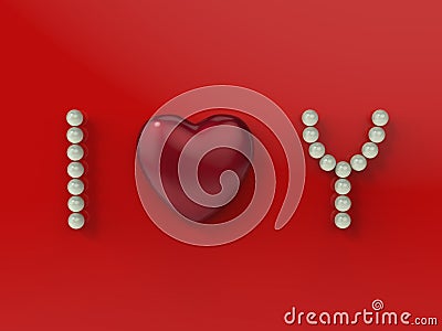 Inscription I love You with red heart and pearls isolated on red background Stock Photo