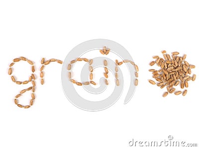 Inscription lined with wheat grains and a small pile of wheat on a white background. Top view Stock Photo