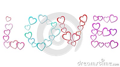 The inscription love from beautiful abstract holiday hearts of different colors from colored paper for Happy Valentine`s Day Vector Illustration