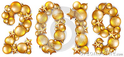 The inscription 2019, made of golden shiny Christmas tree balls and stars Vector Illustration