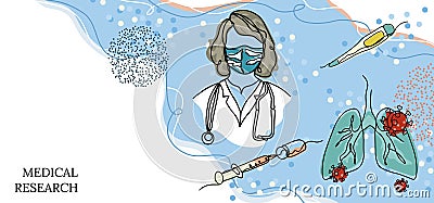Inscription-medical research. Microscope, lungs, syringe, covind-19 virus, doctor, thermometer. Drawn in one line. Background Vector Illustration